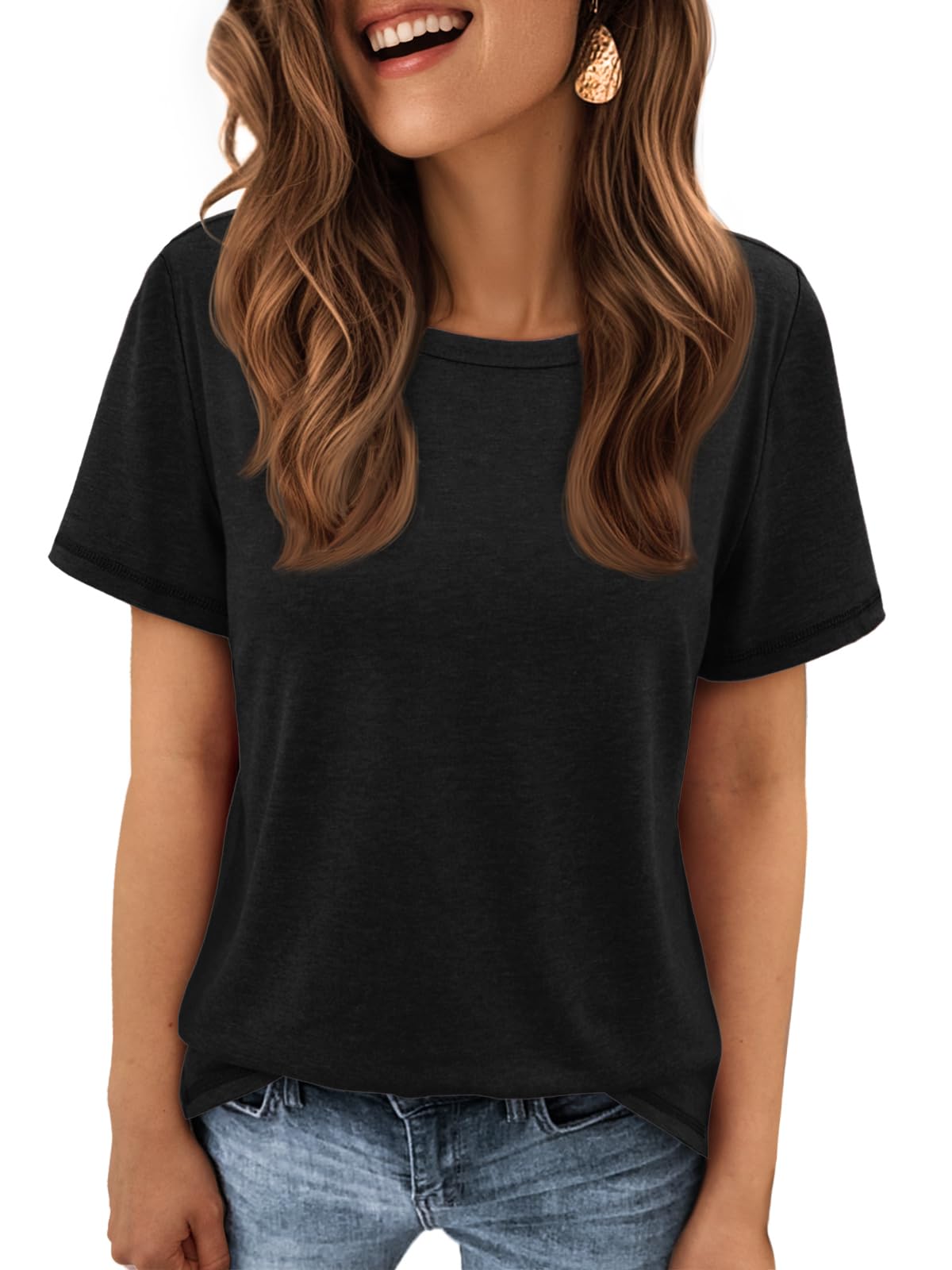 ATHMILE Ladies Tops and Short Sleeve T Shirts for Women Round Neck Simple Clothes Basic Tee 2025 Trendy Black