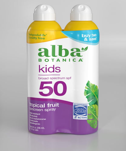Alba Botanica Kids Sunscreen Spray for Face and Body, Tropical Fruit, Broad Spectrum SPF 50, Water Resistant, 5 fl. oz. Bottle (Pack of 2)