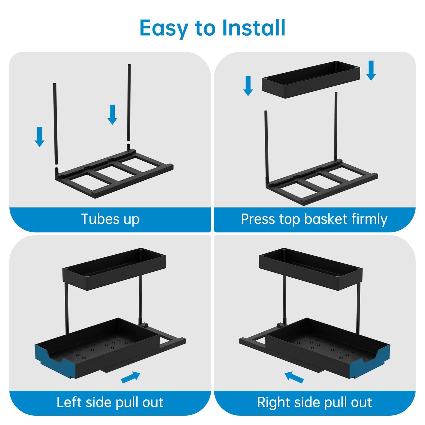 2-Tier Under Sink Organizers 2 Pack Sliding L-shape Cabinet Organizers Narrow Space Storage Shelves Multi-purpose Sink Organizer Baskets with 4 Hook for Kitchen Bathroom Drawer, Black