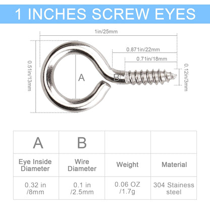 Aovchei Eye Screws, 50Pcs 1 inches 304 Heavy Duty Stainless Steel Screw Hooks, Self Tapping Eye Bolts, Indoor & Outdoor for Hanging Artwork