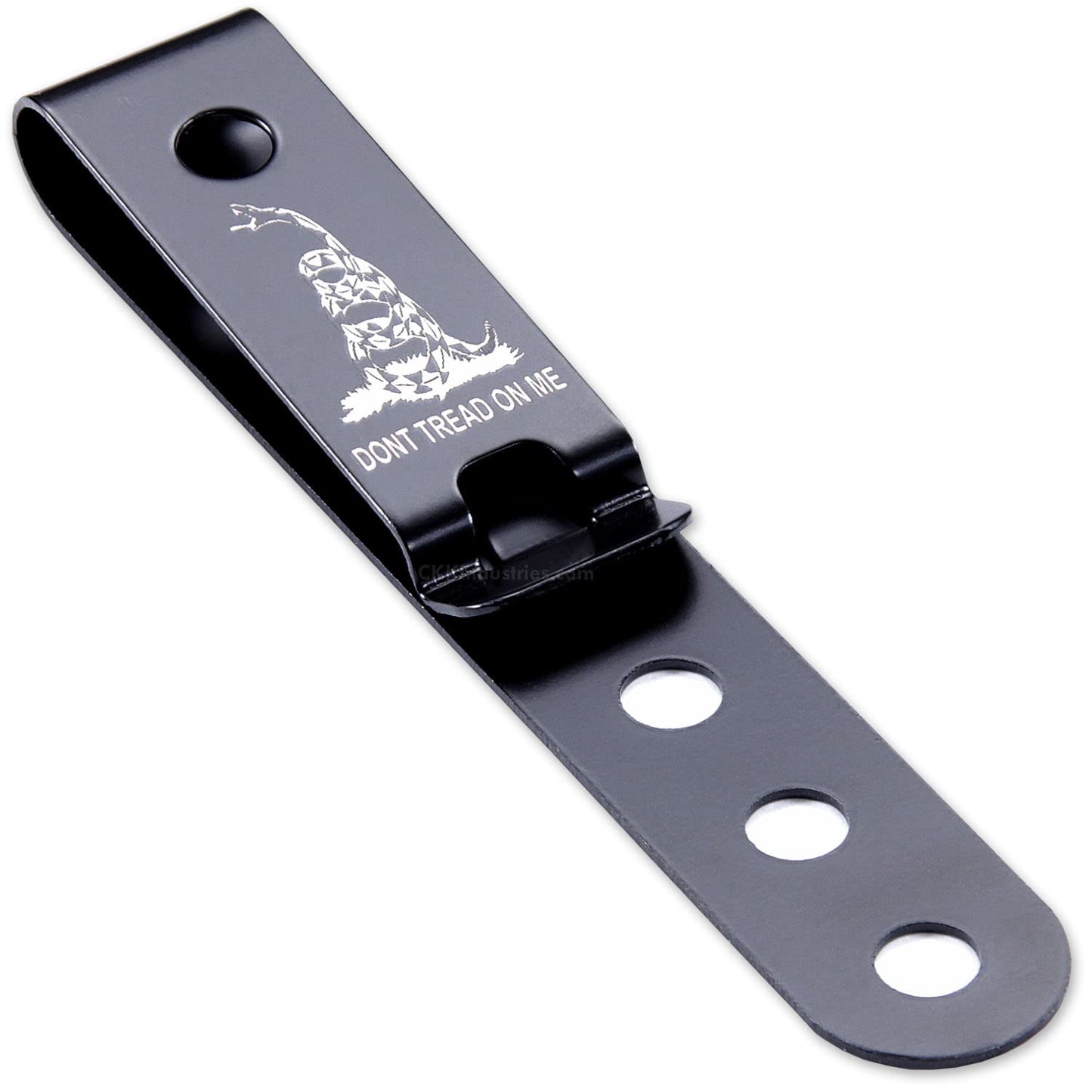 HolsterSmith Universal Metal Belt Clip for Holster Making - (Model 5) - (3-Hole) - (Tactical Black) - (w/Don’t Tread On Me Engraving) - (1 Pack)
