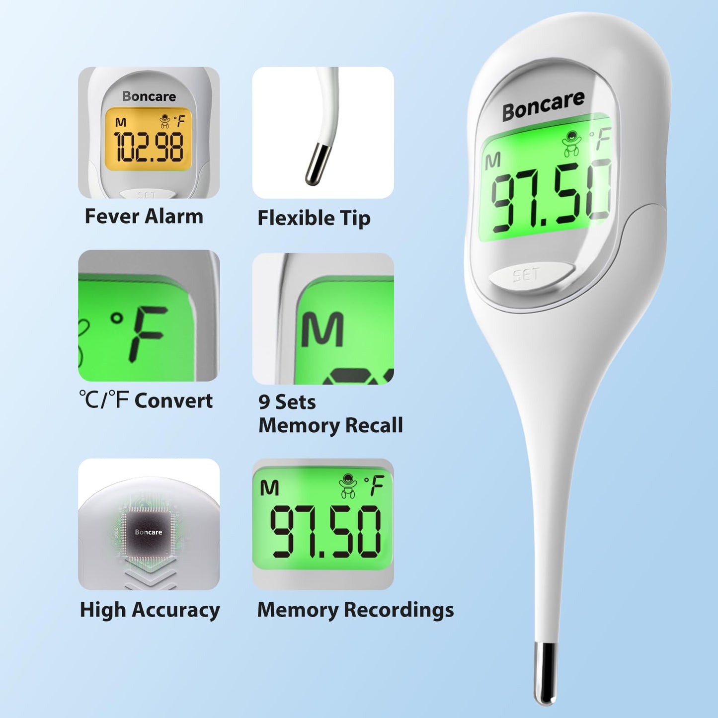 Boncare 9 Seconds Basal Body Thermometer for Ovulation, Oral Thermometer for Adults and Kids - Accurate Rectal Thermometer for Baby, with Fever Alarm and Large Display, FSA HSA Eligible (Rice-White)