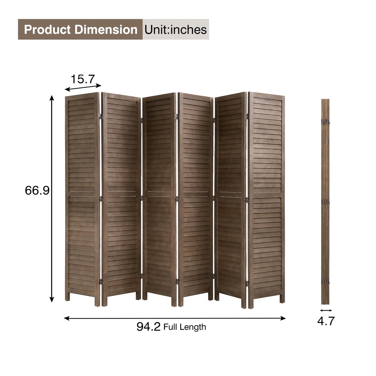 6 Panel Wood Room Divider 5.75 Ft Tall Privacy Wall Divider Folding Wood Screen 68.9" x 15.75" Each Panel for Home Office Bedroom Restaurant （Brown）