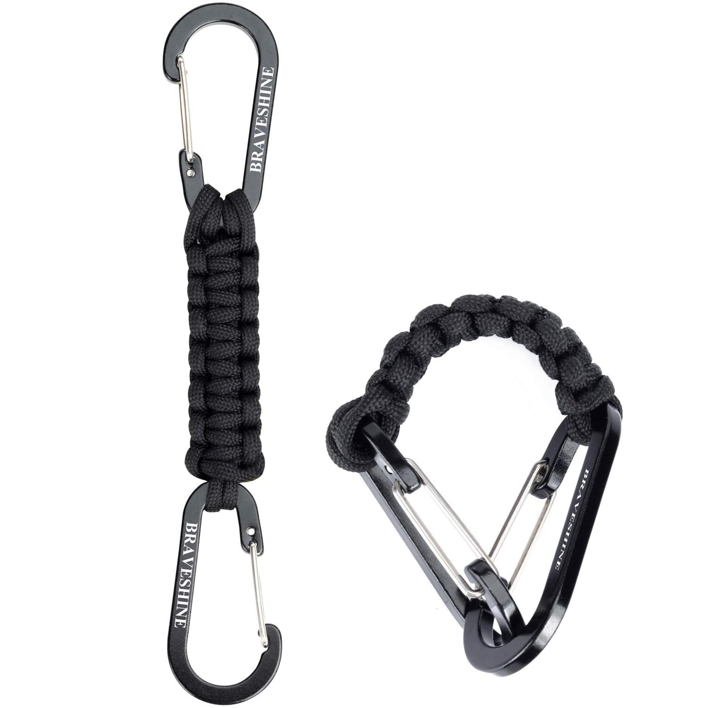 BRAVESHINE Keychain Hook with Paracord Strap 2 Pack Black Metal Key Ring Carabiner Hanger Para Cord D Locking Keyring Clip for Keys, Backpacks, Boys, Girls, Men, Women, Camping, Hiking, Travailing