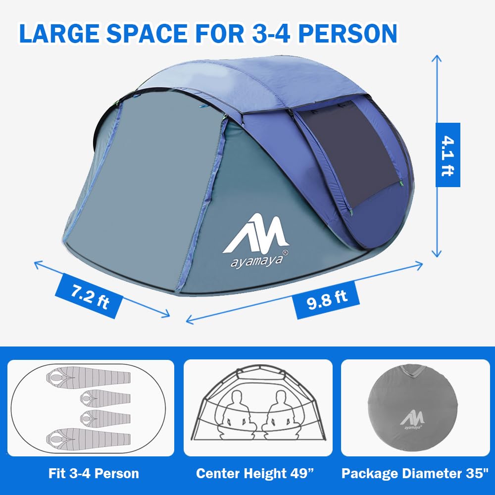 4 Person Pop Up Tents for Camping - AYAMAYA Waterproof Instant Family Tents with Skylight & Removable Rainfly, Upgraded Large Size with 2 Doors -Automatic Easy Setup Beach Tent with Poles