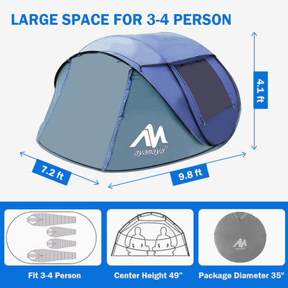 4 Person Pop Up Tents for Camping - AYAMAYA Waterproof Instant Family Tents with Skylight & Removable Rainfly, Upgraded Large Size with 2 Doors -Automatic Easy Setup Beach Tent with Poles