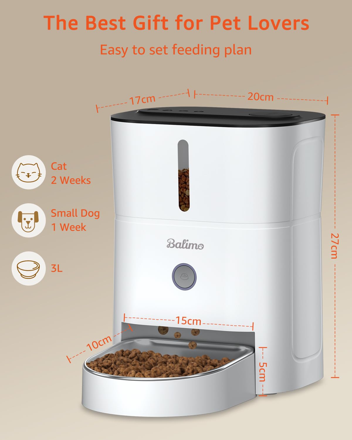 Balimo Automatic Cat Feeder, 3L, Stainless Steel Bowl, 1-6 Meals a Day, White