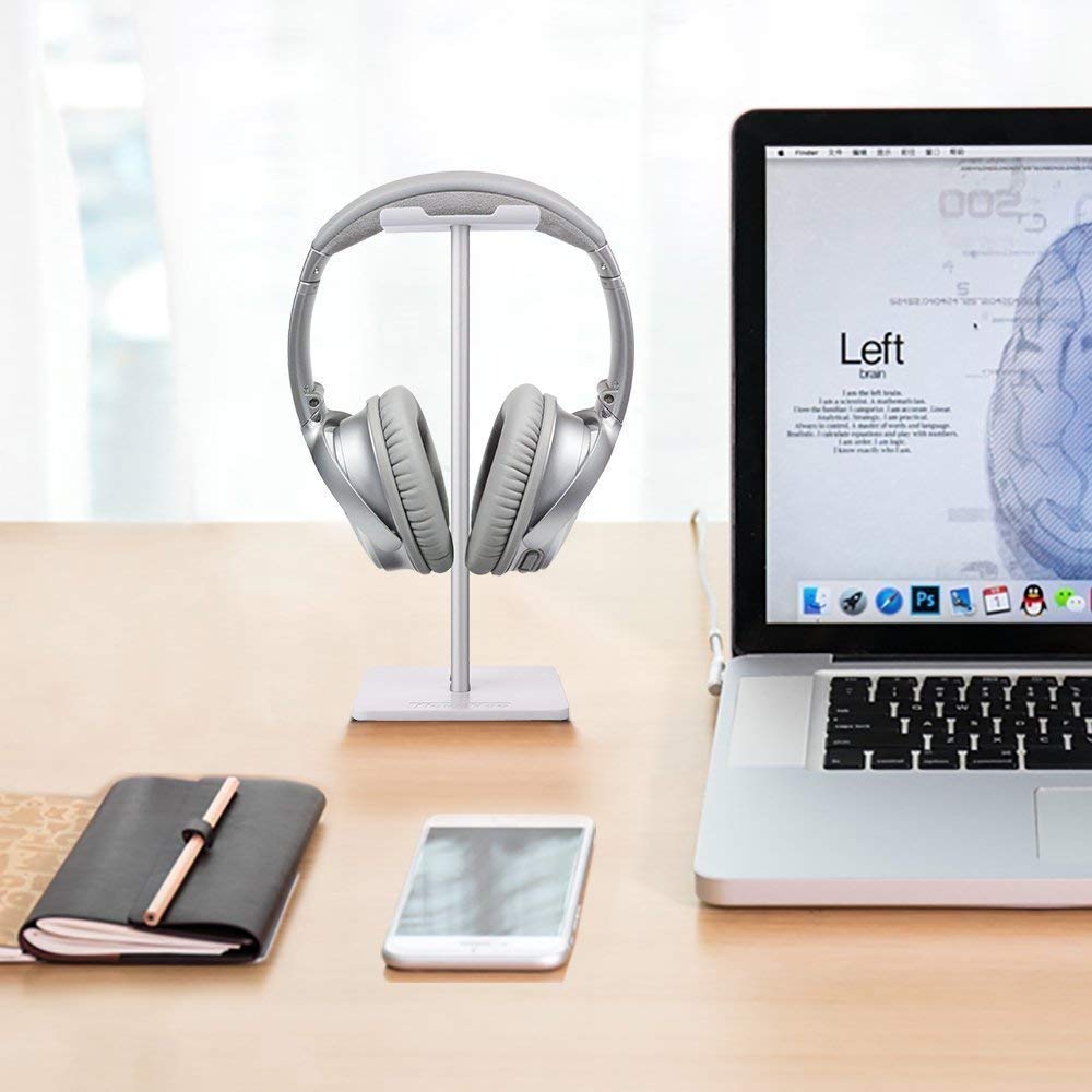 Headphone Stand Headset Holder Gaming Headset Holder with Aluminum Supporting Bar Flexible Headrest Anti-Slip Earphone Stand for All Headphones, White