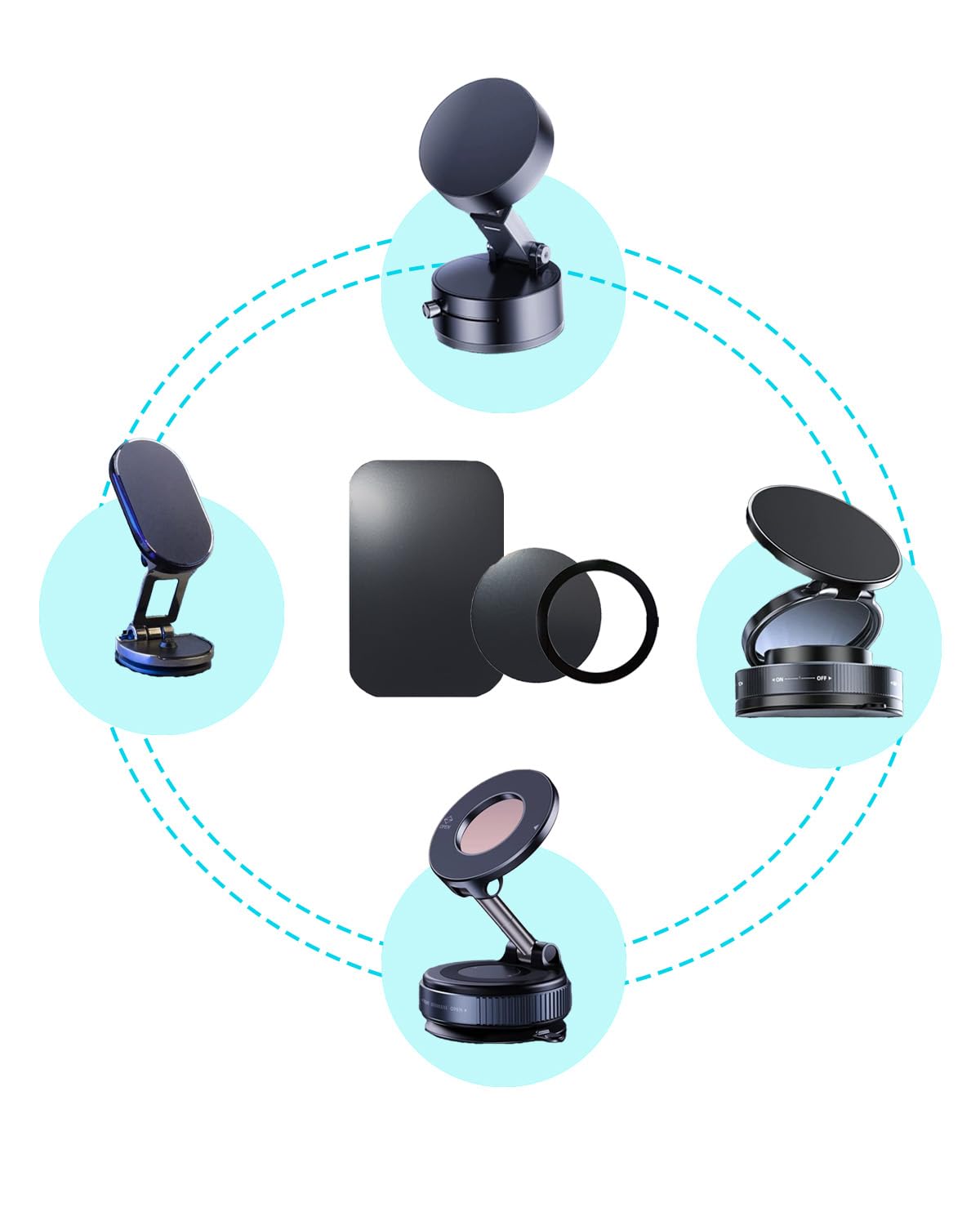 Adhesive Thin Metal Plates for Magnetic Mounts - Compatible with Phone Cases, Car Mounts, and Magnetic Holders (3 Rectangle & 3 Round & 4 Ring, Black)