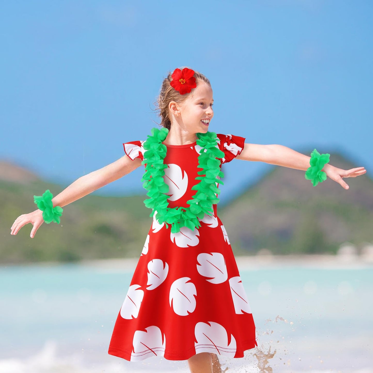 Hawaiian Little Girls Costume Dress with 4 Pcs Luau Flower Leis Accessories Set Red Flower Hair Clips Toddler Halloween Party Cosplay Outfit for 7-8 Years