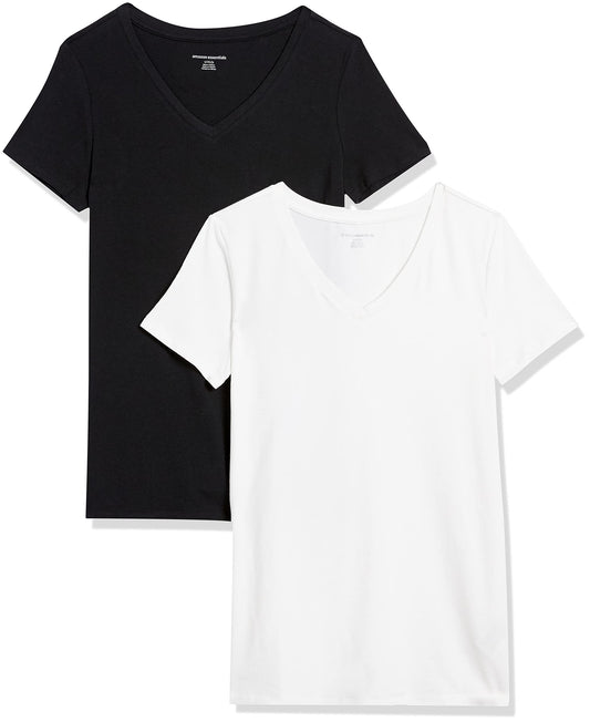 Amazon Essentials Women's Regular-Fit Short-Sleeve V-Neck T-Shirt, Pack of 2, Black/White, X-Small