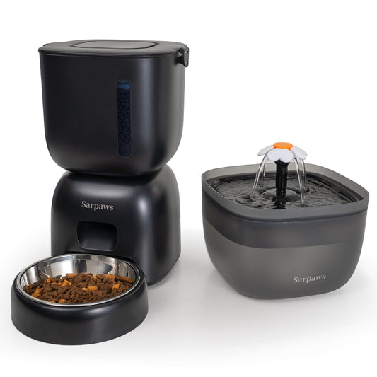 Automatic Cat Feeder and Water Dispenser FW1, Wire or Battery Cat Food Dispenser Timer Pet Feeder - Locking Lid, Desiccant Bag, Programmable Portion Control, 4 Daily Meals, 10s Voice Recorder