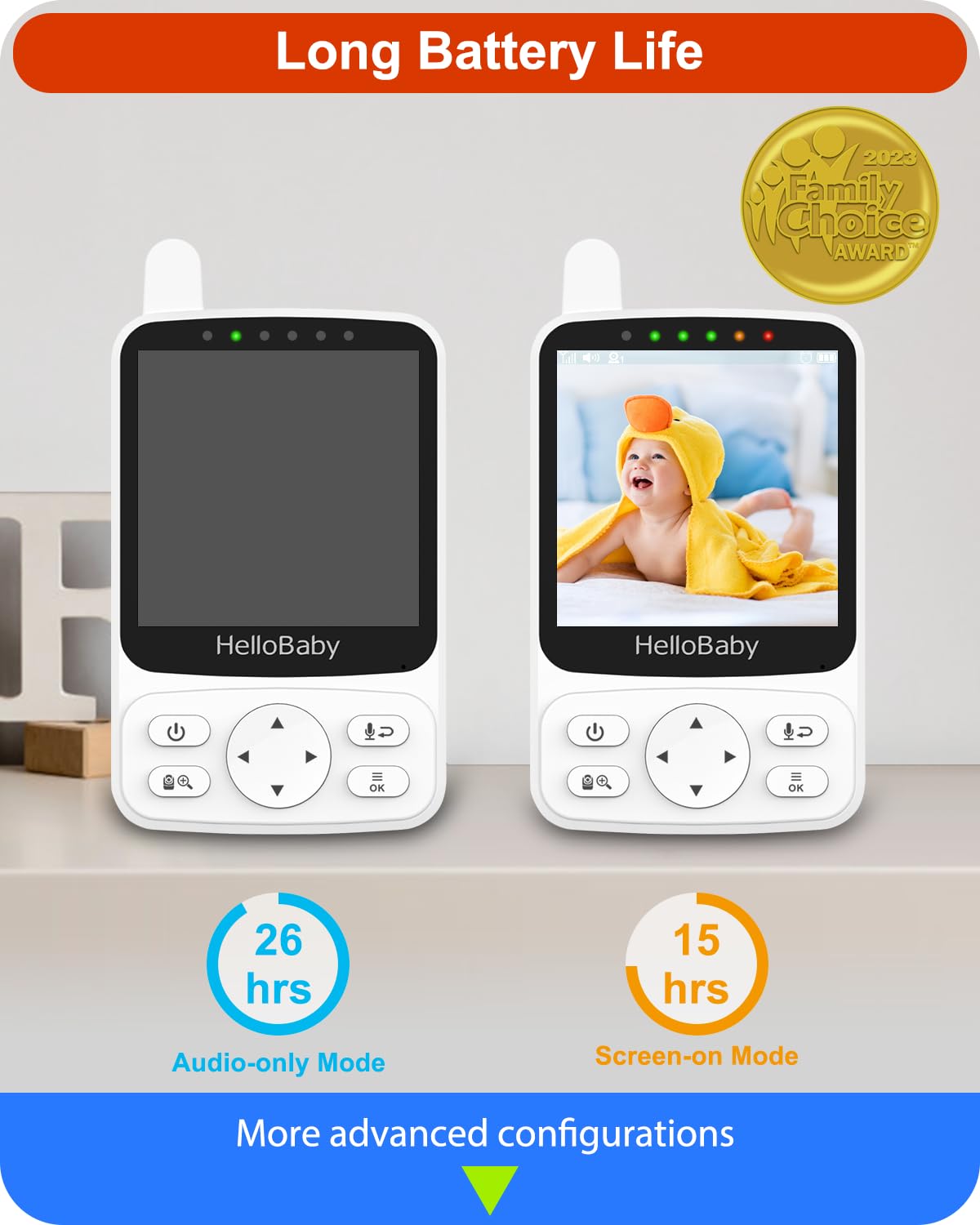 HelloBaby No WiFi Baby Monitor with Voice-Activated Night Vision,4" IPS Camera and Audio, 2-Way Talk and PTZ, 26H Battery and 1000ft Range, Portable for Nursery and Travel