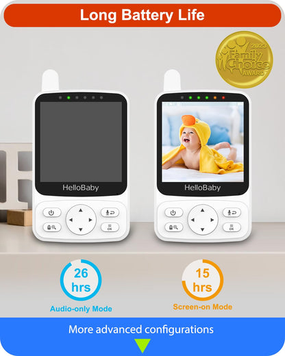 HelloBaby No WiFi Baby Monitor with Voice-Activated Night Vision,4" IPS Camera and Audio, 2-Way Talk and PTZ, 26H Battery and 1000ft Range, Portable for Nursery and Travel
