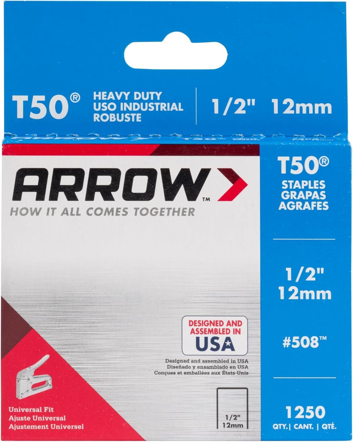 Arrow 508 Heavy Duty T50 1/2-Inch Leg Length, 3/8-Inch Crown, Staples for Upholstery, Construction, Furniture, Crafts, 1250 Count(Pack of 1)