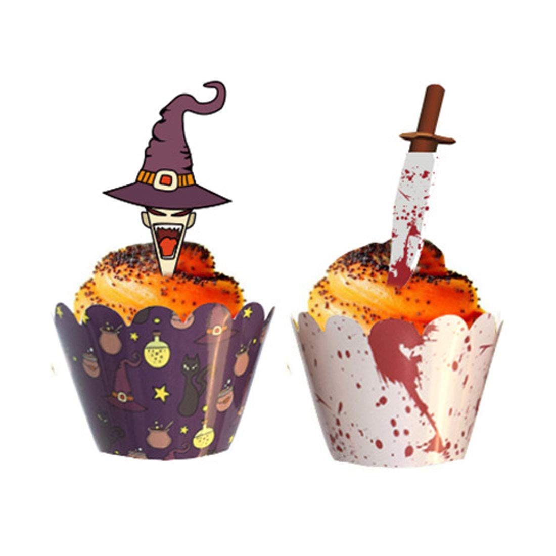 48 Pieces Halloween Cupcake Toppers Cupcake Wrappers Kit for Halloween Cake Decoration