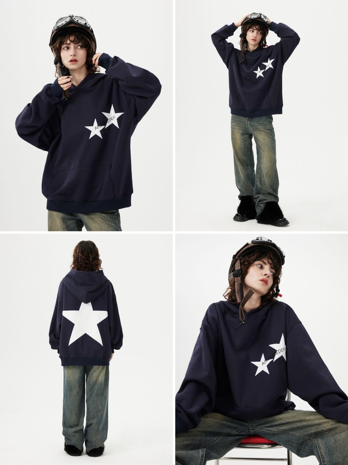 Aelfric Eden Hoodies Y2k Star Oversized Graphic Hoodies Aesthetic 90s Crewneck Sweatshirt Long Sleeve Pullover Tops Navy Blue