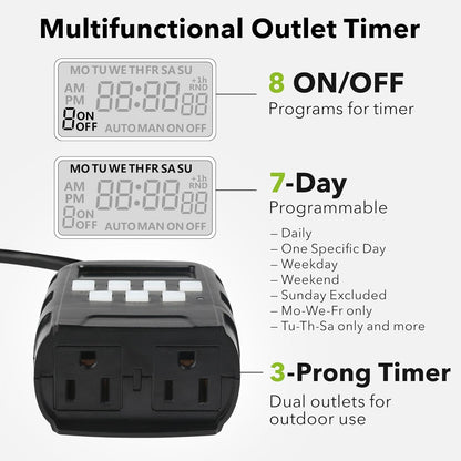 BN-LINK 7 Day Outdoor Heavy Duty Digital Programmable Timer, 125VAC, 60Hz, Dual Outlet, Weatherproof, Heavy Duty, Accurate for Lamps Ponds Christmas Lights 1875W 1/2HP ETL Listed