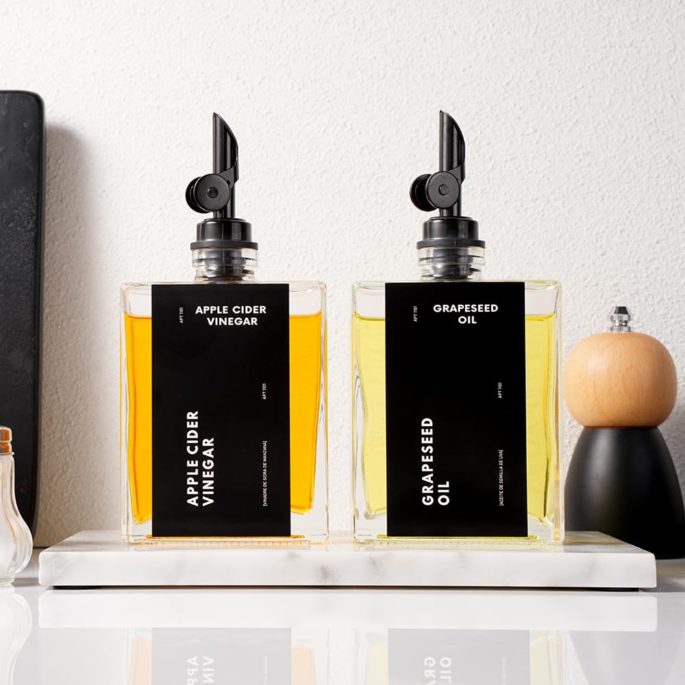 APT 1101 Olive Oil Dispenser for Kitchen, Cooking Oil and Vinegar Dispenser Set, Olive Oil Bottle, Soy sauce dispenser, coffee syrup bottles with stainless steel pourers - 4 pcs, Black (Black)