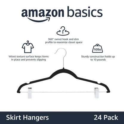 Amazon Basics Velvet, Non-Slip Skirt Clothes Hangers with Clips, Organize Pants and Skirts, Black/Silver, Pack of 24