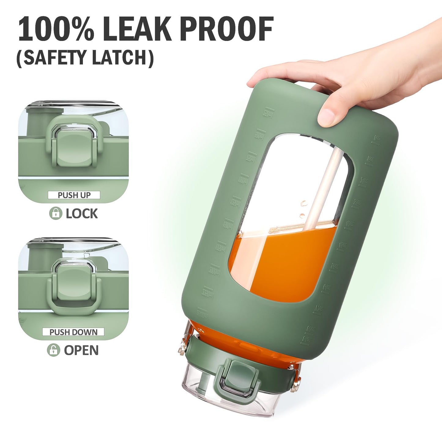 BLUEGO 84oz Water Bottle Glass with Stainless Steel Handle Large 2.5l Water Bottle with Time Markers and Silicone Sleeve Half Gallon Water Jug BPA Free for Gym Daily Use, Olive