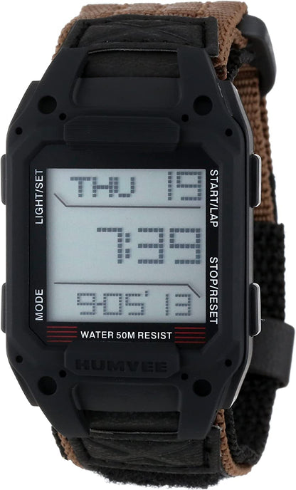 Humvee Men's Military Watch, Digital Watch, Recon Nylon Strap, Tactical Tough, Water Resistant 5 ATM, Sport Watch, Face 32 X 52mm. Quartz Stainless Steel, Black