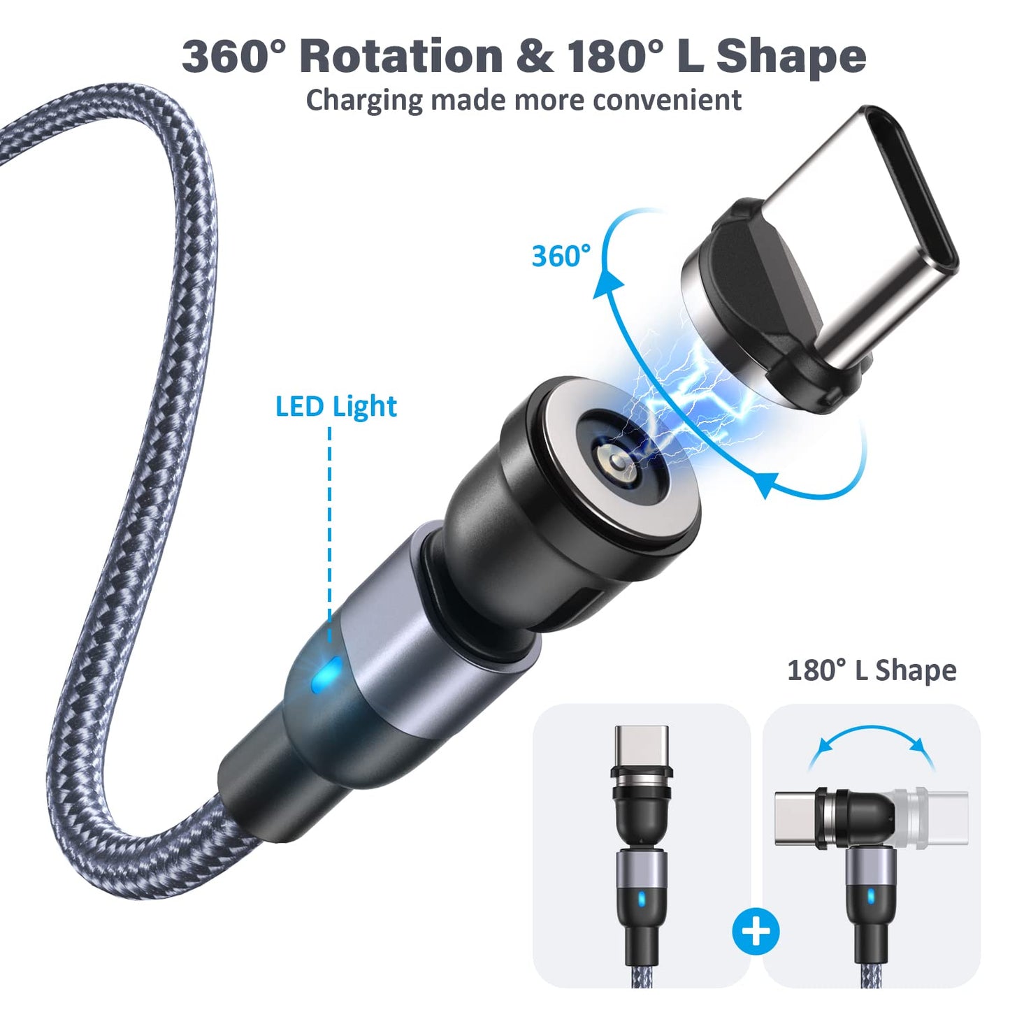 Aripps Magnetic Charging Cable 4 Pack (3.3ft/6.6ft/6.6ft/10ft), 540 Degree Rotating Magnet Phone Charger Cable, 3 in 1 Nylon Braided Magnetic USB Cable for Micro,Type C and iProduct Device