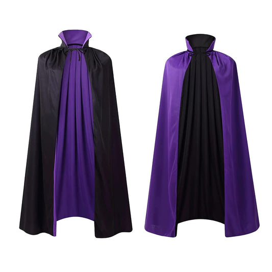55" Stand Collar Reversible Cloak Masquerade Cape Costume, Black and Purple (55"/140cm, Black and Purple)