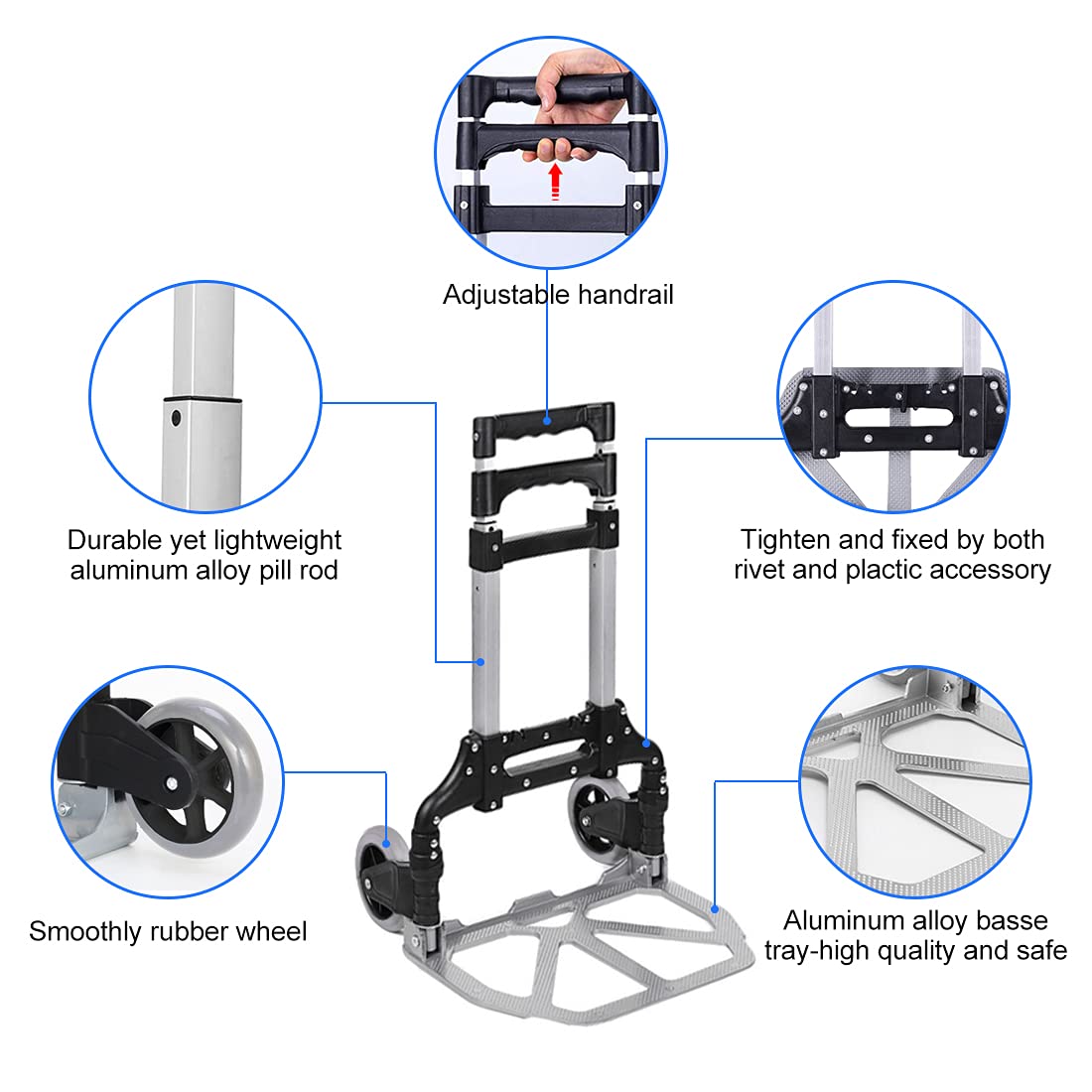 HBFBDRCT Folding Hand Truck, 165lbs Capacity Lightweight Portable Dolly with 2 TPR Silent Wheels for Home, Office, and Travel Use - Heavy Duty Utility Cart for Shopping