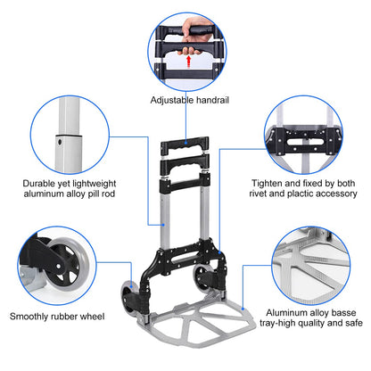 HBFBDRCT Folding Hand Truck, 165lbs Capacity Lightweight Portable Dolly with 2 TPR Silent Wheels for Home, Office, and Travel Use - Heavy Duty Utility Cart for Shopping