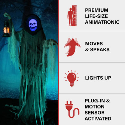 Haunted Hill Farm Motion-Activated Looming Phantom, Plug-in Talking Halloween Animatronic for Standing or Hanging Indoor or Covered Outdoor Creepy Decorations