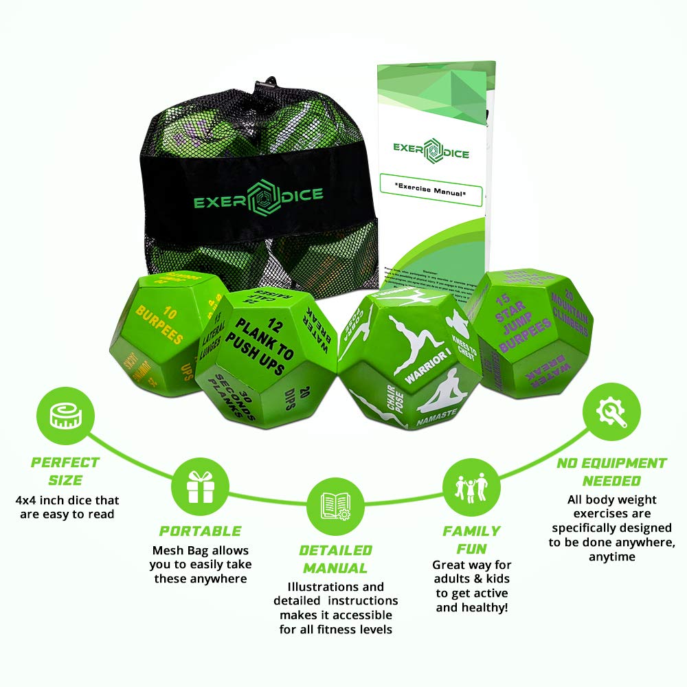 4-Pack Exercise Dice Bundle with Fitness Manual & Bag | Perfect for HIIT, Cardio, Yoga, Stretching, Strength Training, Sports, Crossfit, Plyometrics, Body Weight, Group Class, All Ages, WOD