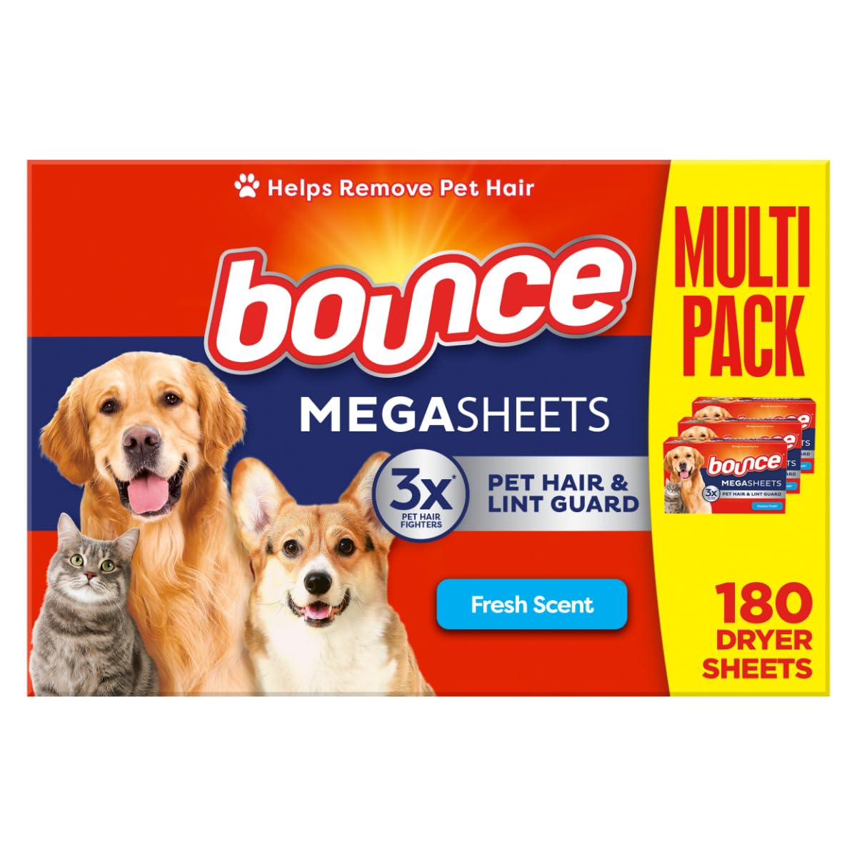 Bounce Pet Hair and Lint Guard Mega Fabric Softener Dryer Sheets with 3X Pet Hair Fighters, Fresh Scent, 180 Count, Bounce Dryer Sheets, Laundry Sheets, Mega Sheet