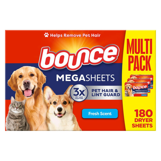 Bounce Pet Hair and Lint Guard Mega Fabric Softener Dryer Sheets with 3X Pet Hair Fighters, Fresh Scent, 180 Count, Bounce Dryer Sheets, Laundry Sheets, Mega Sheet
