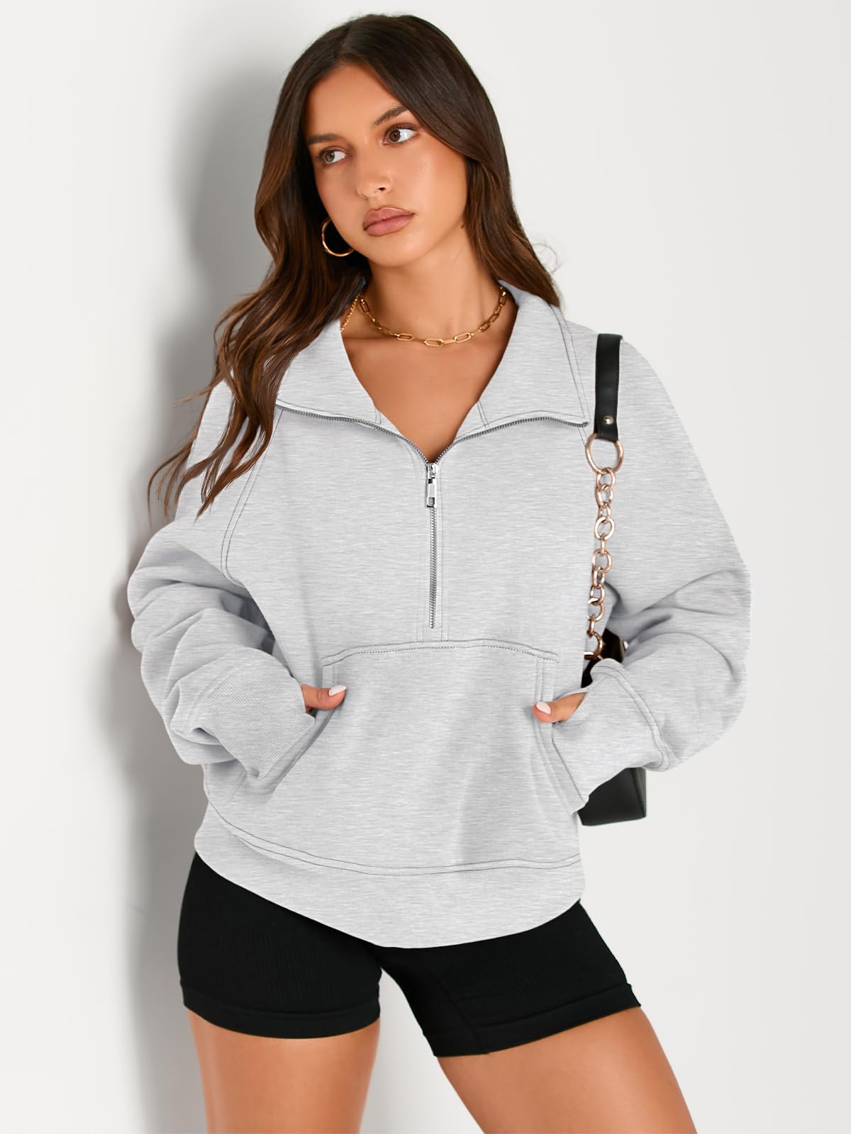 AUTOMET Womens Sweatshirts Half Zip Cropped Pullover Fleece Quarter Zipper Hoodies 2024 Fall Fashion Outfits Clothes Grey Large