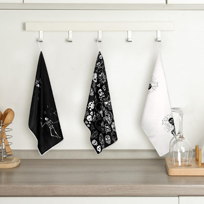 Bencailor 6 Pcs Halloween Skull Kitchen Towels Skeleton Dish Hand Towels Gothic Skull Tea Washcloth for Halloween Party Gifts Bathroom Kitchen Decor 24 x 16''