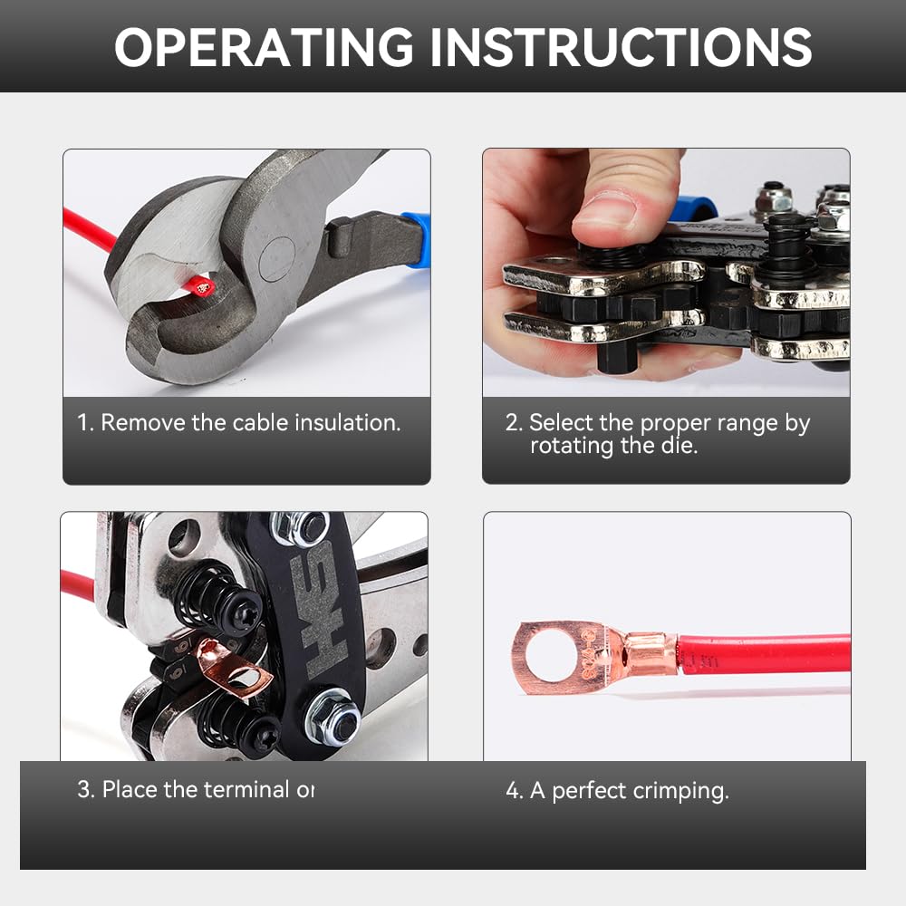 HKS Battery Cable Lug Crimping Tool 10-1 AWG, 60Pcs Copper Ring Terminals & 60Pcs 3:1 Heat Shrink Tubing, Heavy Duty Wire Crimper Set for Battery Cables