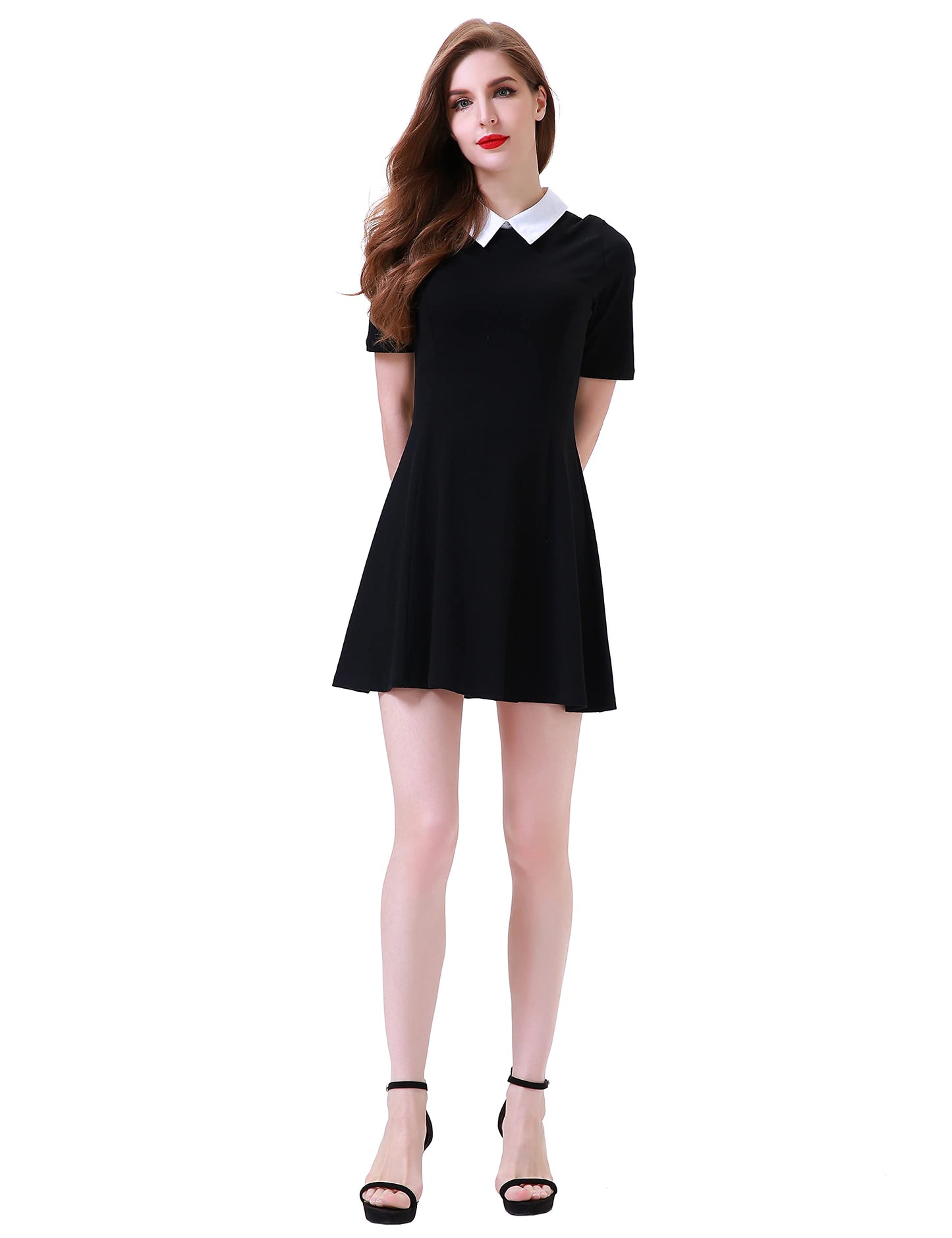 Aphratti Women's Short Sleeve Peter Pan Collar Cute Skater Dress Fit and Flare A-Line Casual Dresses Black Large
