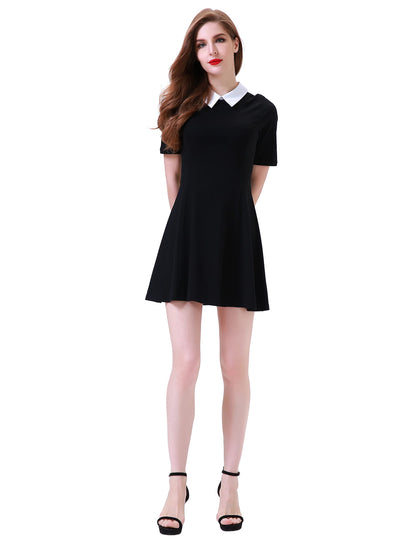 Aphratti Women's Short Sleeve Peter Pan Collar Cute Skater Dress Fit and Flare A-Line Casual Dresses Black Large