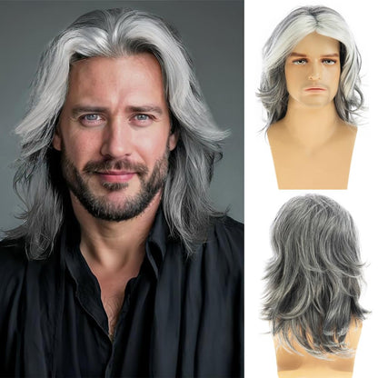Baruisi Mens Wig Grey Long Straight Synthetic Heat Resistant Costume Cosplay Hair Wig