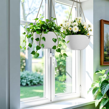 Asnext Line Pattern 10 Inch Hanging Planter for Indoor Outdoor Plants, 2 Pack Round Hanging Pots for Plants (White)