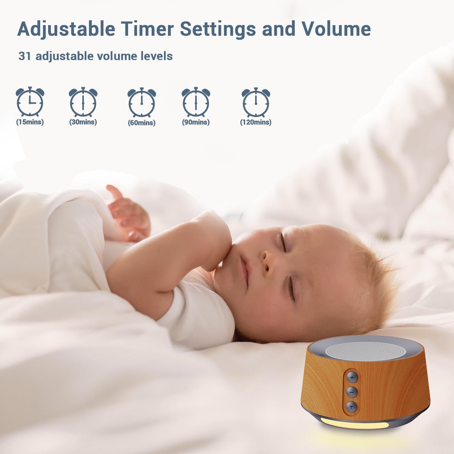 BGOVERSS White Noise Sound Machine with 14 Soothing Sounds and 10 Levels Night Light for Sleeping, 5 Timers and Memory Feature Plug in Sound Machine for Nursery Baby Kids Adults, Zebra Wood