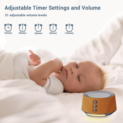 BGOVERSS White Noise Sound Machine with 14 Soothing Sounds and 10 Levels Night Light for Sleeping, 5 Timers and Memory Feature Plug in Sound Machine for Nursery Baby Kids Adults, Zebra Wood