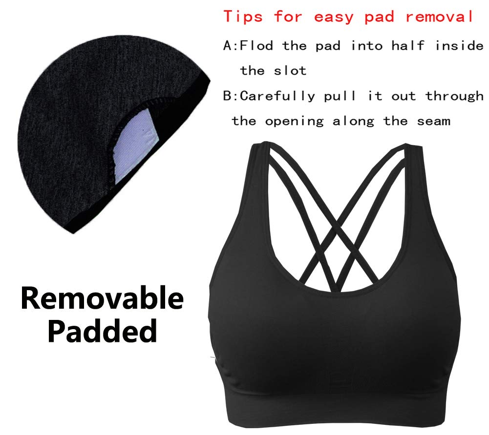 AKAMC Women's Medium Support Cross Back Wirefree Removable Cups Yoga Sport Bras, Pack of 3, Black/White/Grey,X-Large