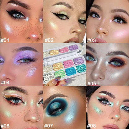 8 Color Face Cheek Highlighter Makeup Palette Shimmer Glitter Iridescent Multichrome Holographic Eyeshadow Palette Purple Rainbow Glitter Highlighter Makeup Highlight and Contour Chrome Eye Make up