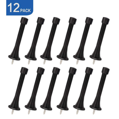HOMOTEK 12 Pack Black Spring Door Stops,3-1/8" Heavy Duty - Flexible Door Stopper with Low Mounted Black Rubber Bumper Tips