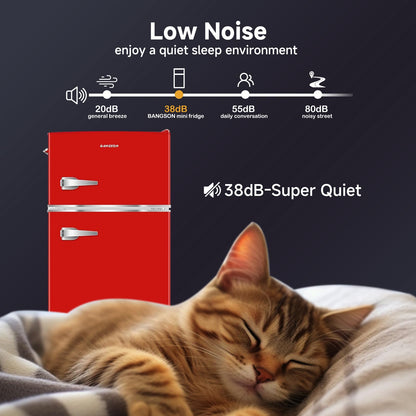 BANGSON Mini Fridge with Freezer, 3.2 CU.FT Small Refrigerator with Freezer, Door Handle, Bottle Opener, For Bedroom, Dorm, Office, Home, Garage or RV, R-600a (Red)