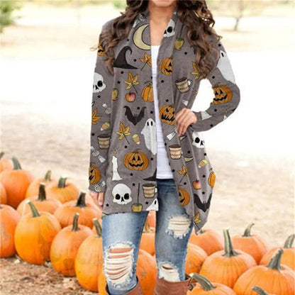 BOUTIKOME Women's Halloween Cat Pumpkin Cardigan Long Sleeve Open Front Knit Outwear Coat Plus Size Knitting Sweater Top(Gray, XL)