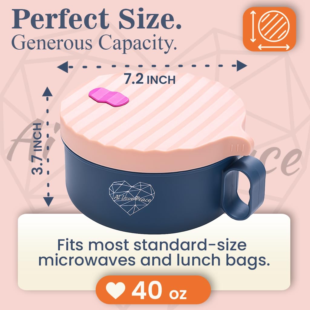 AI LOVE PEACE Ramen Bowl, 40 oz Microwaveable Noodle Cooker for Ramen, Pho, Soup, and Pasta, Dishwasher Safe and Portable, Ideal for Home, Office, Dorm, or Gift (Pink)