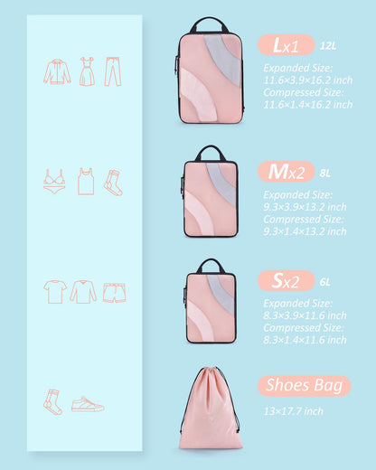 BAGSMART Compression Packing Cubes for Travel, 6 Set Travel Packing Cubes for Suitcases, Compression Suitcase Organizers Bag Set, Lightweight Packing Organizers Baby Pink